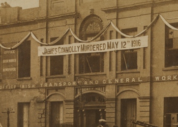 Liberty Hall after the 1916 Easter Rising (detail of the banner)<br><i>Courtesy of the Irish Capuchin Provincial Archives</i>