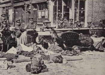 British barricade in a Dublin street in 1916<br><i>Courtesy of the Irish Capuchin Provincial Archives</i>