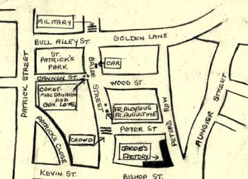A manuscript map showing the scene of the surrender of the Jacob's Factory garrison of Volunteers<br><i>Courtesy of the Irish Capuchin Provincial Archives</i>